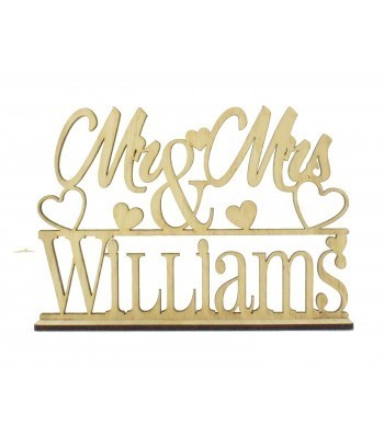 Laser Cut Oak Veneer Personalised 'Mr & Mrs' Wedding Sign on a stand - Mixed Hearts Design